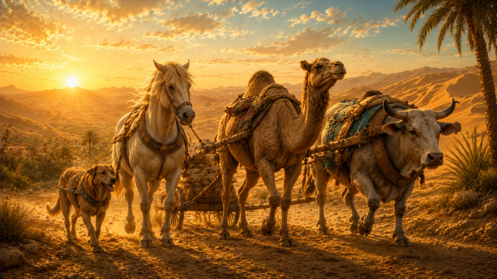 Animals working in desert landscape.