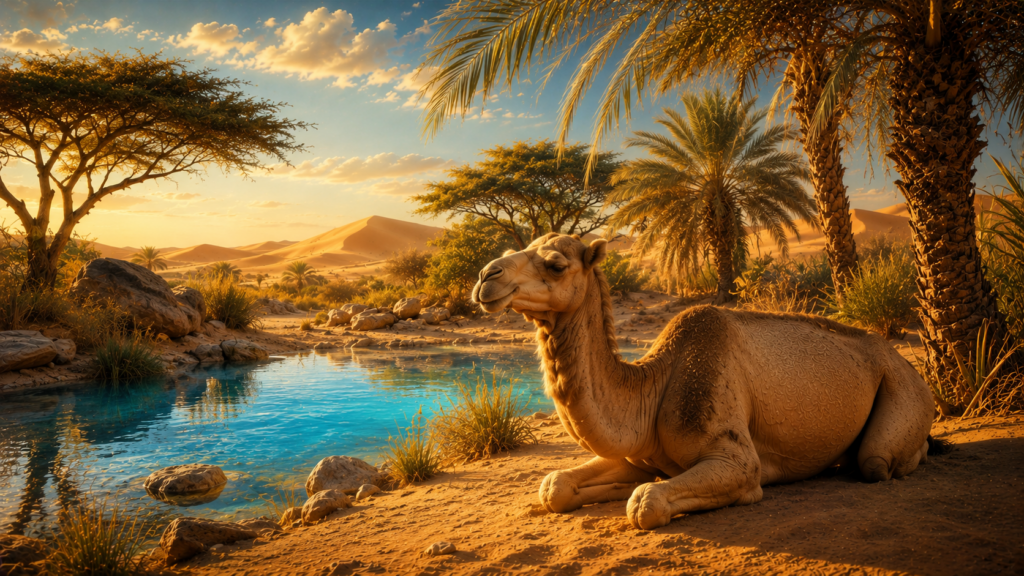 Camel resting by serene oasis.