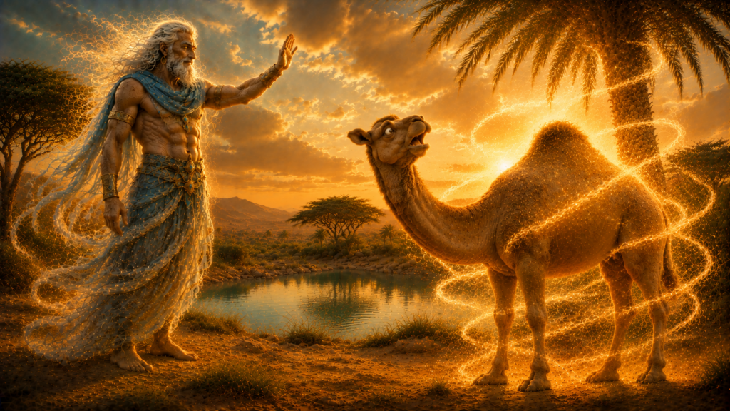 Mythical figure interacting with camel