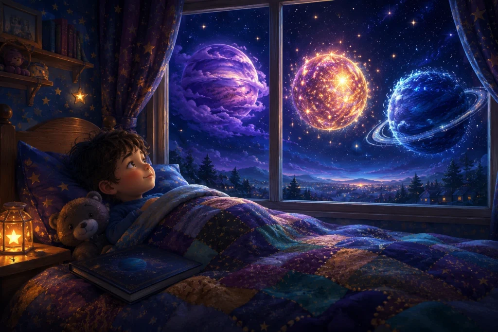 Cael and the Spinning Worlds 3 Young Cael looks out at glowing planets and swirling galaxies beyond his window in a dreamlike scene inspired the mystery of the cosmos.