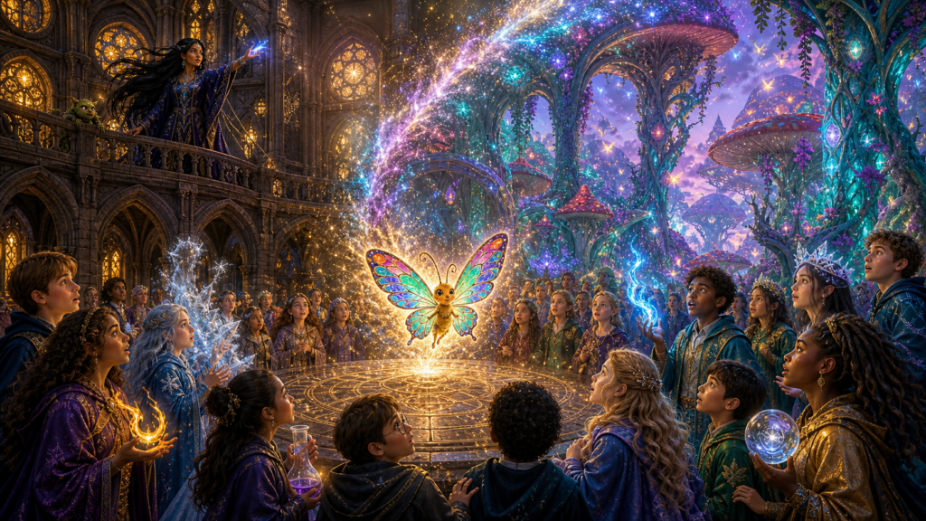 Grumble’s Clever Plan 11 the butterfly scatters magic dust in the courtyard