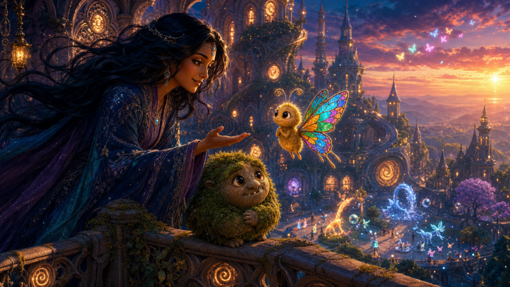 Grumble’s Clever Plan 15 Magical scene with fairy and creature and the butterfly that stamped