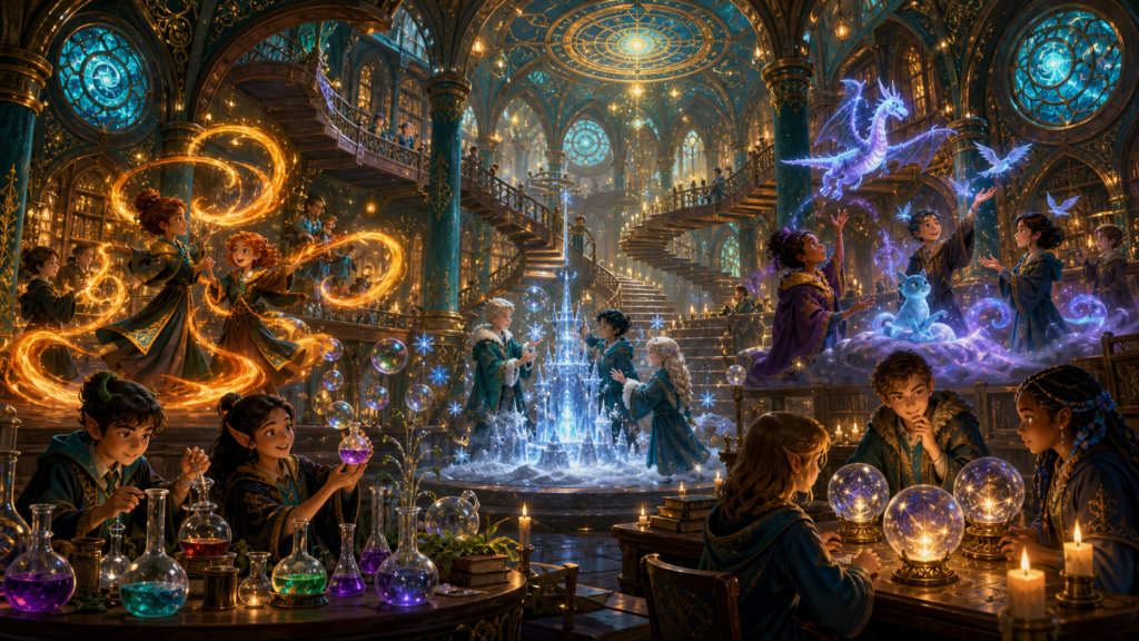 Grumble’s Clever Plan 2 Magical library with enchanting characters.