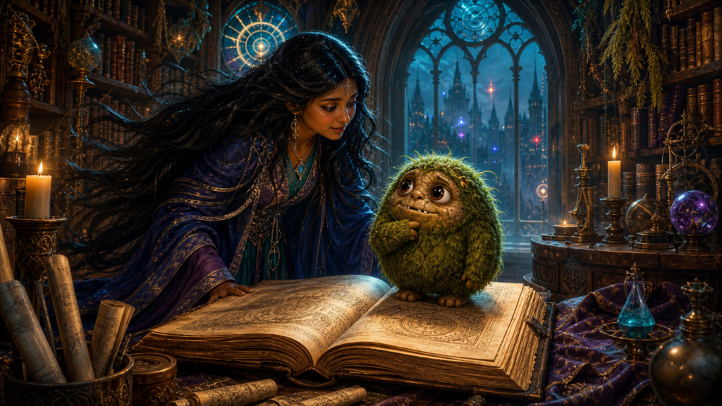 Grumble’s Clever Plan 4 Woman and creature in magical library