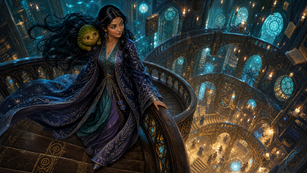 Grumble’s Clever Plan 5 Enchanting woman in magical library