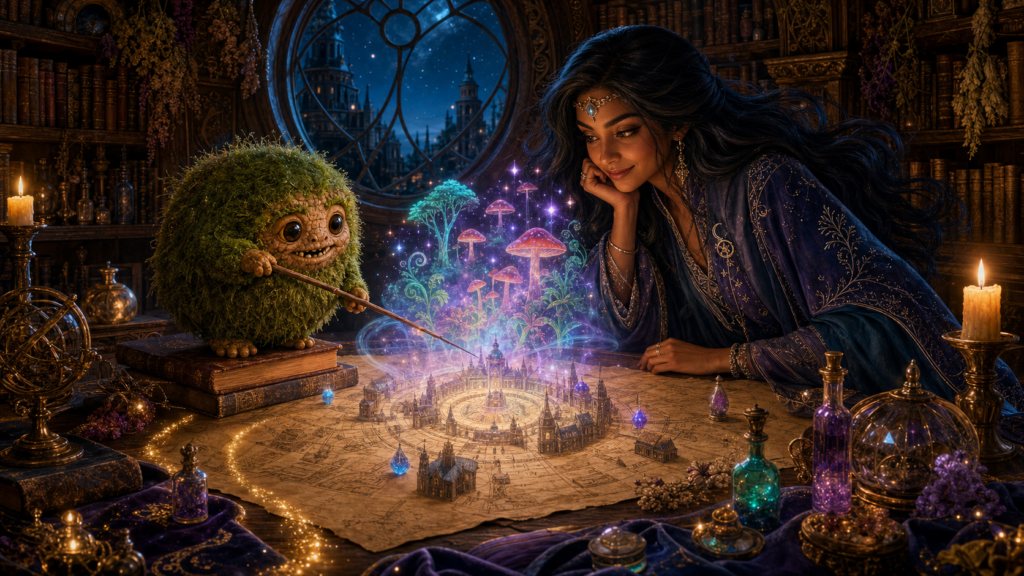 Grumble’s Clever Plan 8 woman and creature look at map
