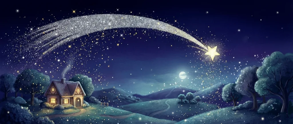 A shooting star streaks overhead