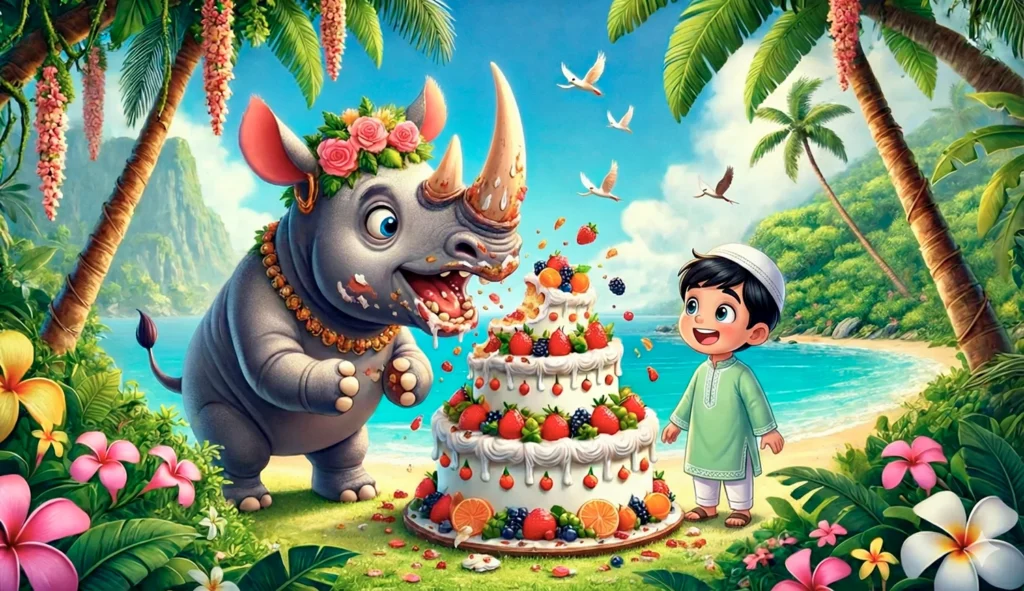 The rhino eats the cake