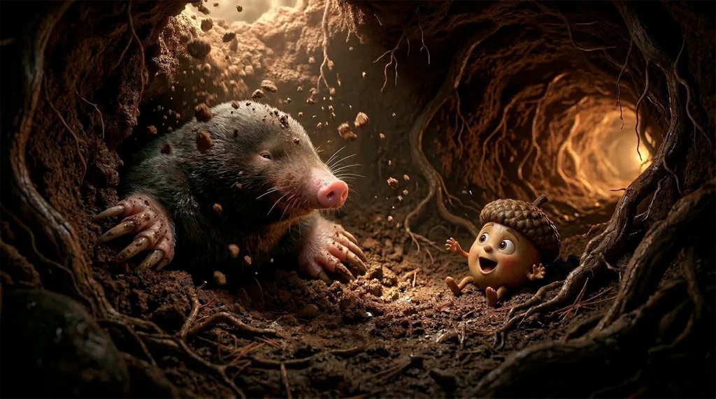 Little Acorn is surprised by a mole