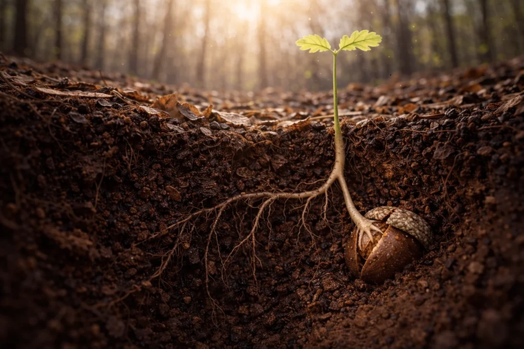 Roots and sprouts form a tree called Little Oak