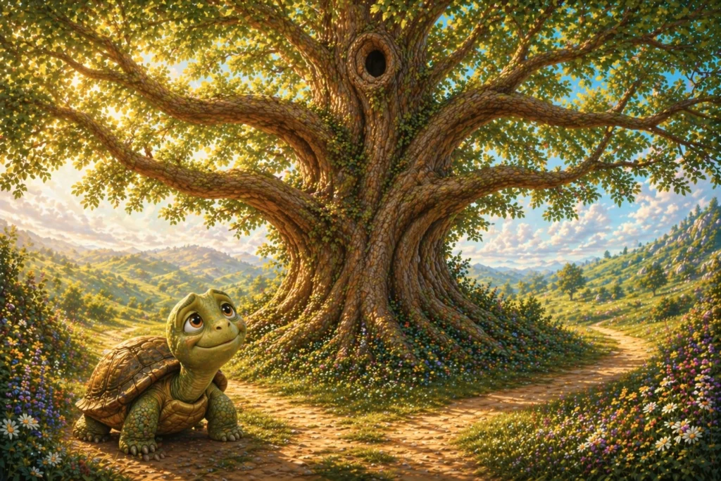 The Waiting Tree 4 a small tortoise came down the path