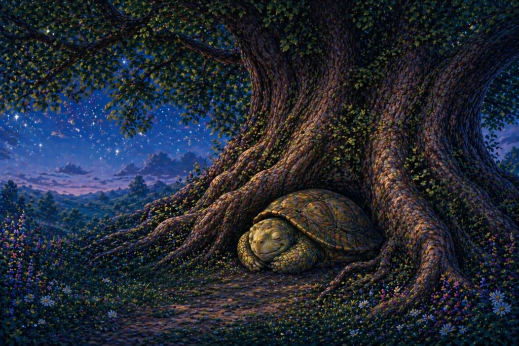 The Waiting Tree 6 The tortoise tucked her head in, slowly. She tucked her legs in, slowly.