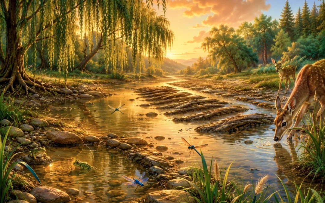 Story about purpose illustrated by a peaceful forest stream with reeds, a deer drinking at the water's edge, dragonflies, and warm golden evening light.