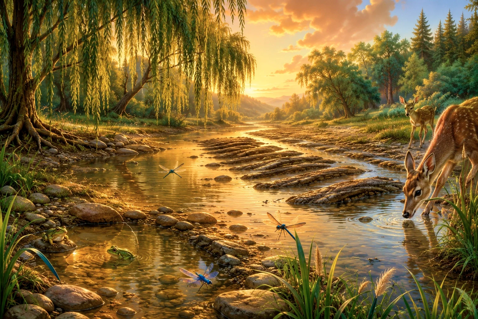 1 The_Reed_by_the_River_Illustration_1 Story about purpose illustrated by a peaceful forest stream with reeds, a deer drinking at the water's edge, dragonflies, and warm golden evening light.