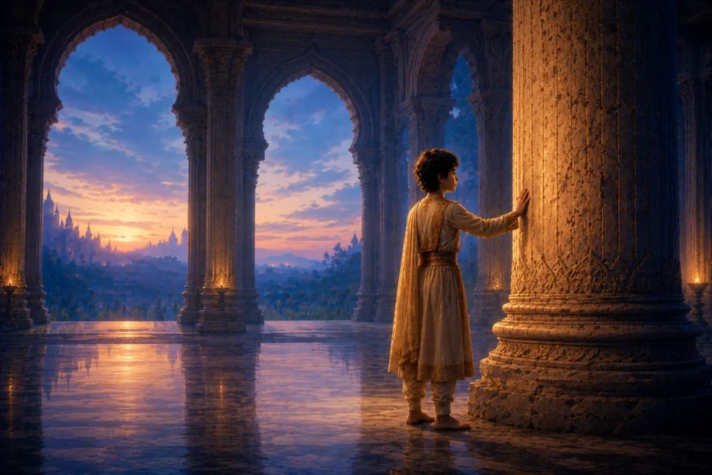 Prahlad stands beneath towering palace arches as golden evening light fills the hall in this story on bravery, courage, and steadfast faith.