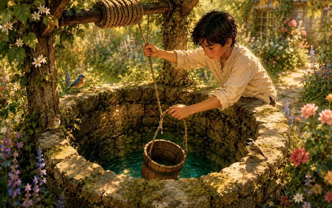 Arabian Nights story illustration of a young boy lowering a wooden bucket into an old stone well surrounded by blooming flowers and songbirds in a peaceful garden, glowing with warm golden afternoon light.