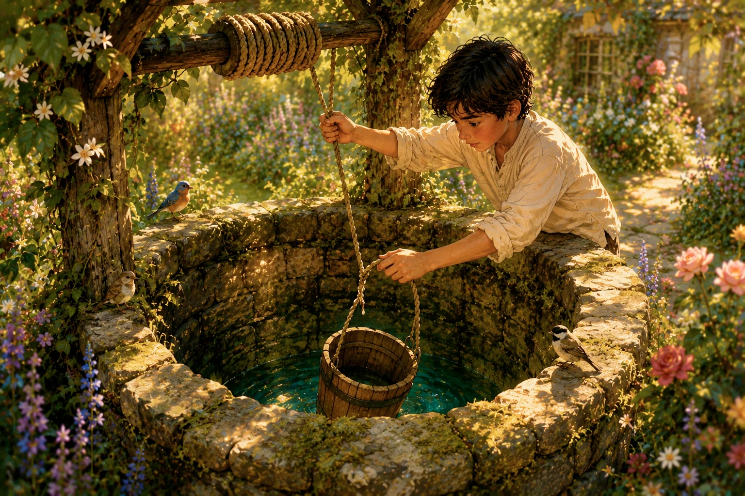 Featured boy tended Arabian Nights story illustration of a young boy lowering a wooden bucket into an old stone well surrounded by blooming flowers and songbirds in a peaceful garden, glowing with warm golden afternoon light.