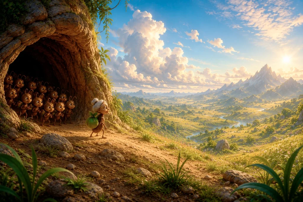 Elderly ant walks alone across a sunlit valley toward a distant mountain while young ants watch proudly from the entrance of their underground home.