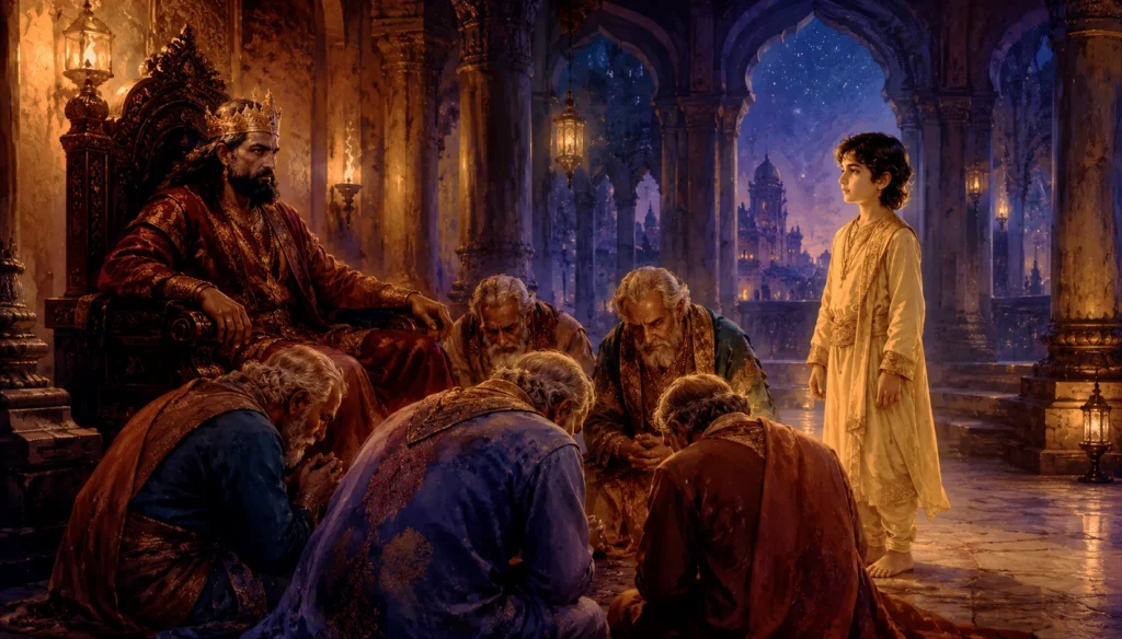 Young Prahlad stands calmly before his father, the king, and a silent court, answering a question with quiet courage and unwavering truth.