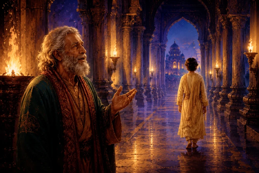 A teacher gestures gently while young Prahlad walks through a glowing palace hall, showing the quiet confidence of a child who already knows what he knows.