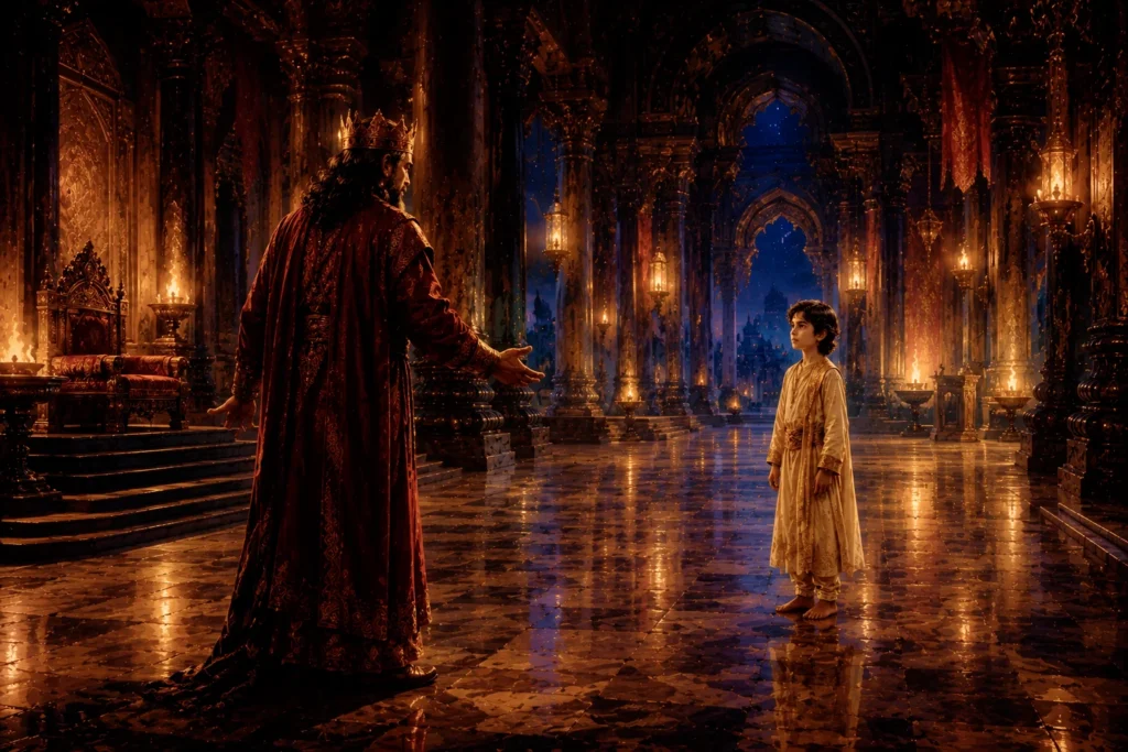 King Hiranyakashipu gestures toward young Prahlad in a magnificent torchlit palace hall, while Prahlad stands calm and fearless, showing quiet courage and faith.