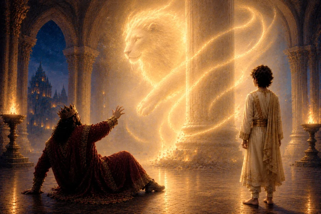A radiant lion of divine light appears before Prahlad and King Hiranyakashipu in a grand palace, symbolizing courage, protection, and the triumph of faith.