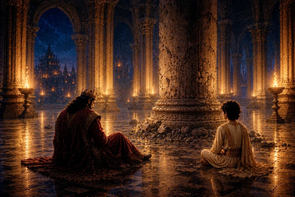 Prahlad sits calmly before King Hiranyakashipu in a magnificent palace hall in a story on bravery, faith, and inner strength.