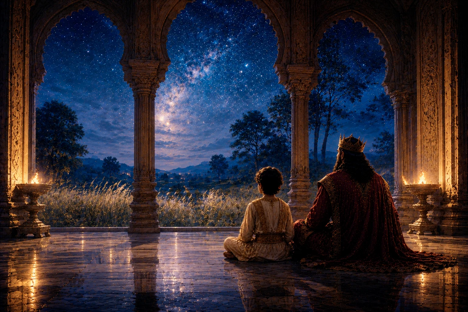 Prahlad sits quietly with his father beneath the stars in a story on bravery, compassion, and the healing power of understanding.