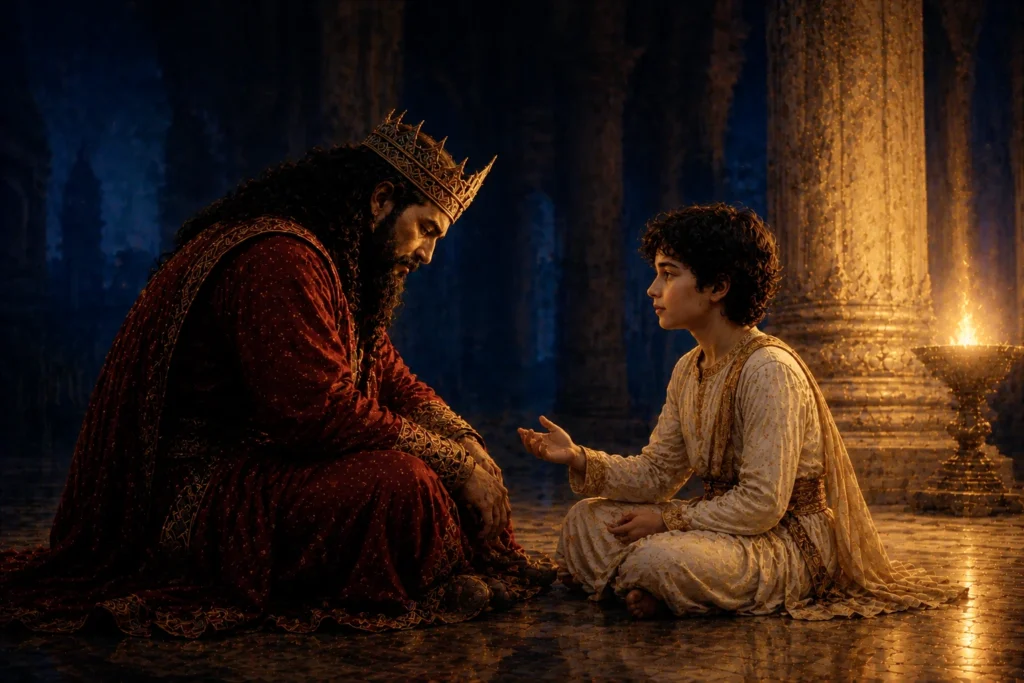 Young Prahlad speaks calmly with his father in a torchlit palace hall in a story on bravery, faith, and inner strength.
