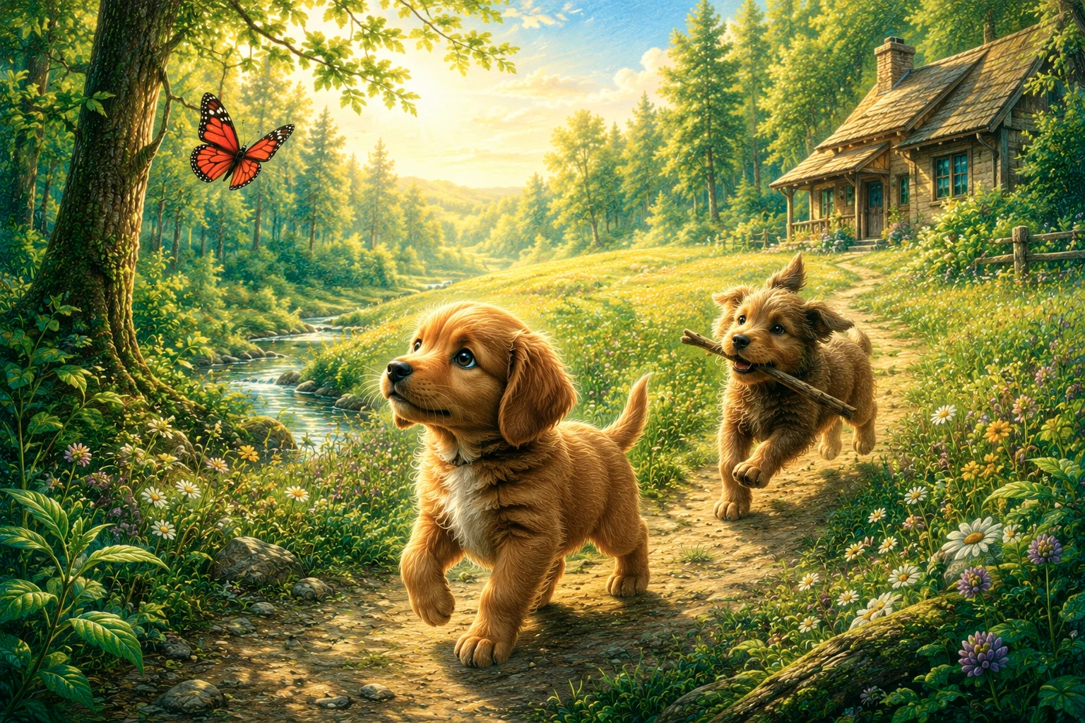 Two playful puppy brothers explore a sunny forest path near their woodland cottage in one of our heartwarming bedtime stories about dogs.