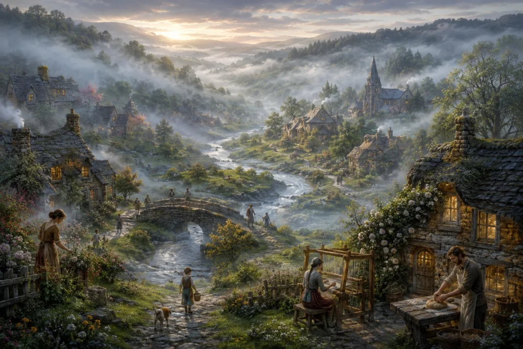 The Grey Blanket 1 Serene village landscape at sunrise