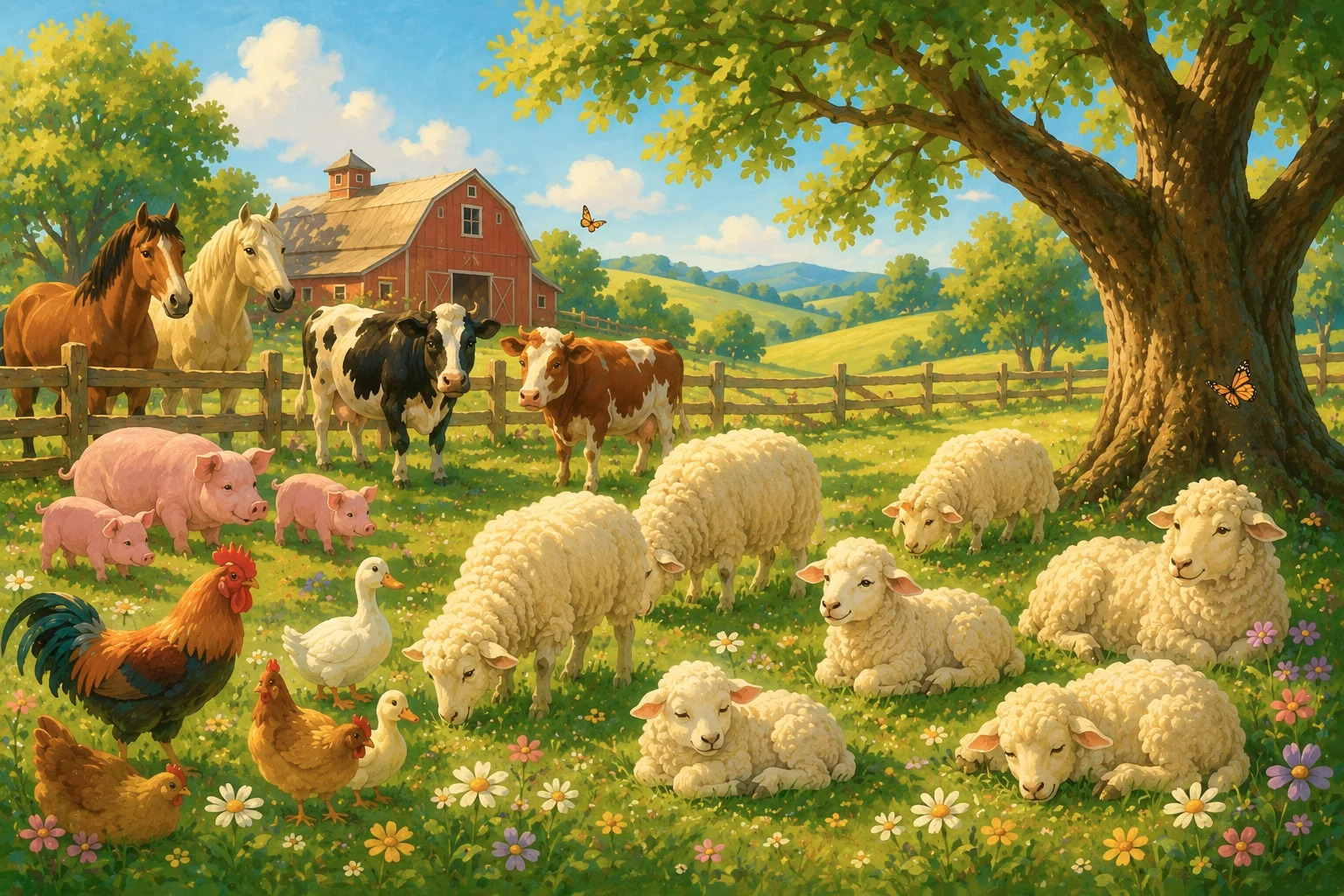 Farm animals grazing peacefully in a sunny meadow as playful lambs explore the pasture near a red barn beneath a broad shade tree on a warm spring day.
