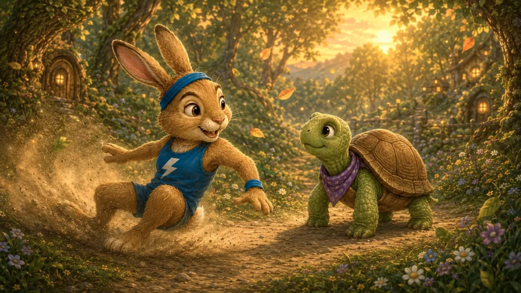Racing to Slow Down 1 Rabbit and turtle in a forest