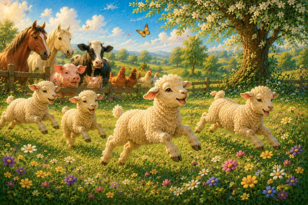 Little lambs play happily together in a sunny spring meadow surrounded by gentle farm animals, wildflowers, and warm golden countryside light.