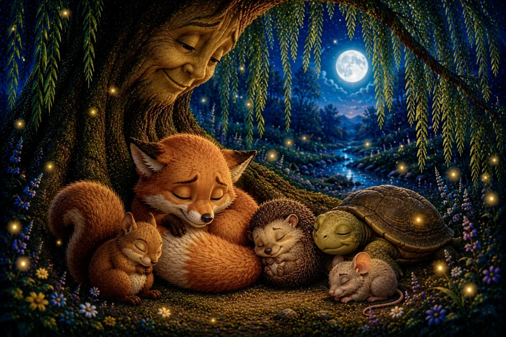 The Little Fox and the Gentle Untangling 12 Cute animals sleeping under a tree.
