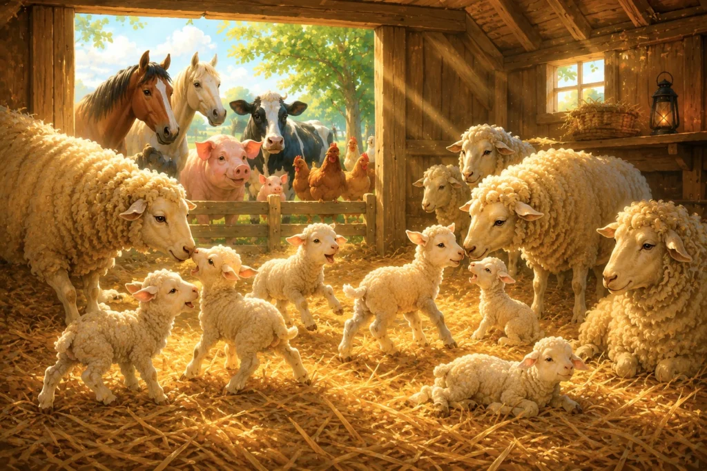 Little lambs nestled safely inside a cozy barn while curious farm animals gather outside to listen for the first gentle bleats of spring.