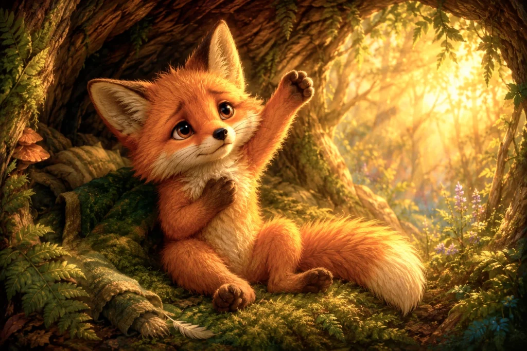 The Little Fox and the Gentle Untangling 1 Cute fox in a forest setting