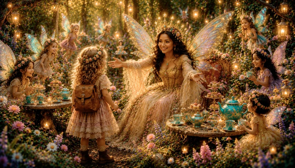 A Fairy Tea Party 4 Fairy gathering in a magical forest.
