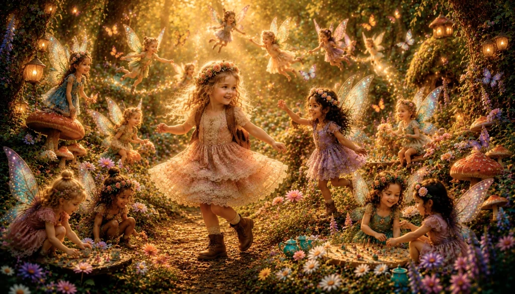 A Fairy Tea Party 5 Children dancing with magical fairies.