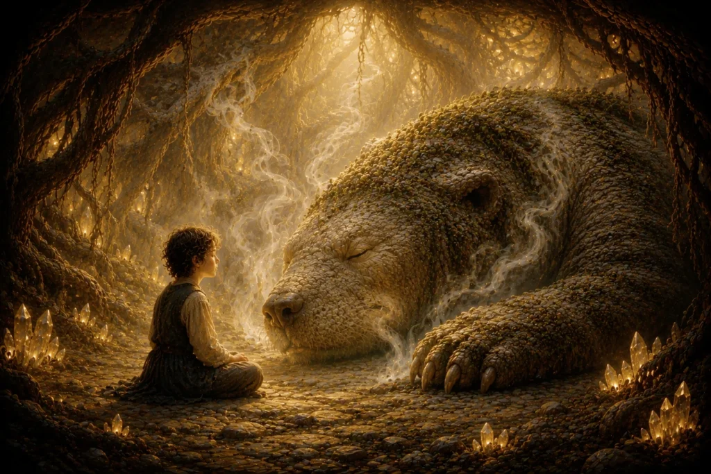 The Grey Blanket 8 Child sits with giant bear in cave