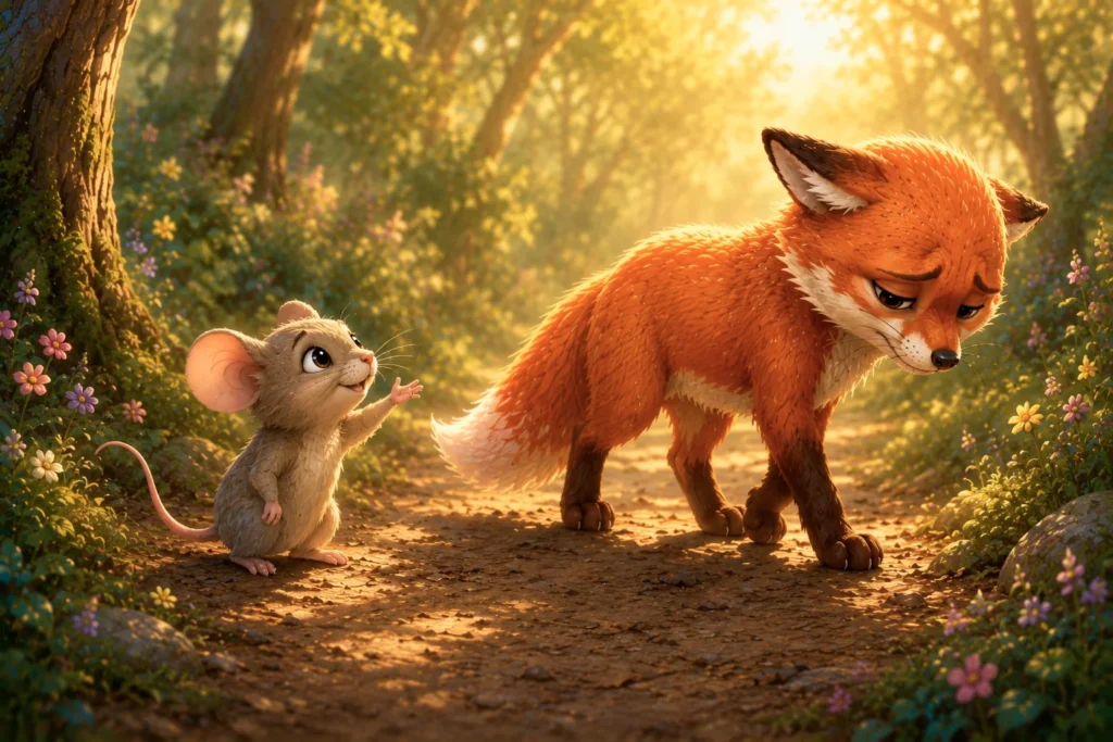 The Little Fox and the Gentle Untangling 5 Mouse comforts sad fox in forest.
