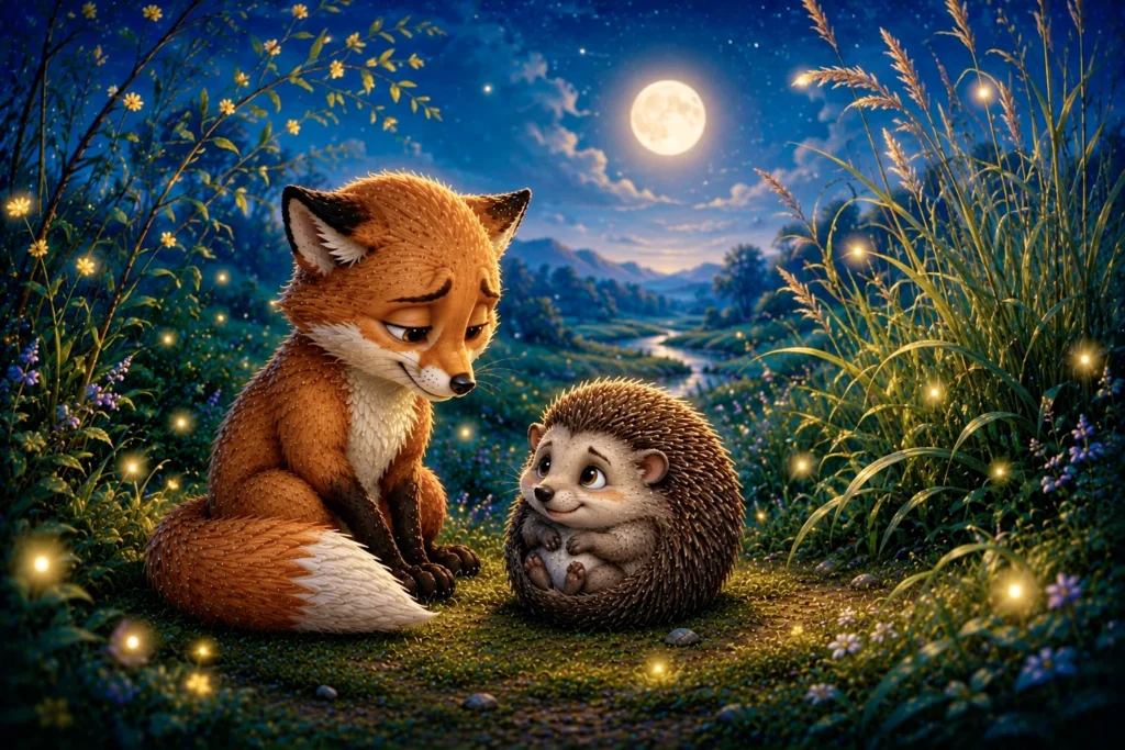 The Little Fox and the Gentle Untangling 11 Fox and hedgehog under moonlight