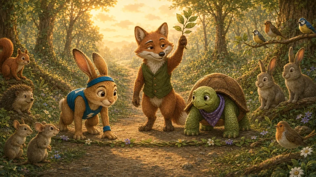 Racing to Slow Down 4 Animals gathered in a forest setting