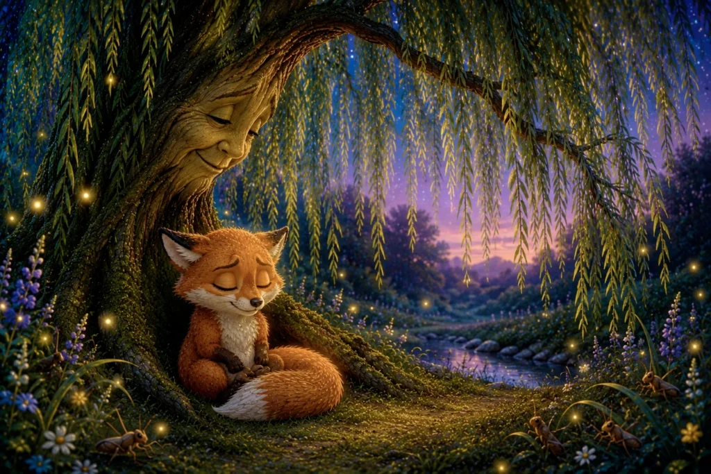 The Little Fox and the Gentle Untangling 7 Fox resting under a magical tree.