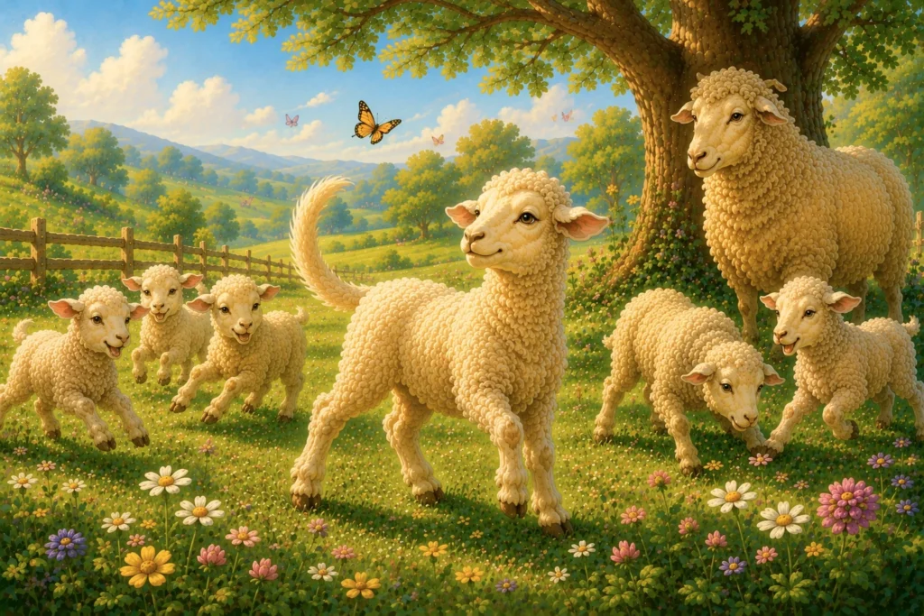 Farm animals gathered in a sunny pasture as a proud little lamb with an extra-long tail stands among sheep near a cozy red barn beneath a broad shade tree.