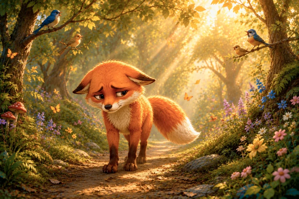 The Little Fox and the Gentle Untangling 2 Sad fox in a vibrant forest