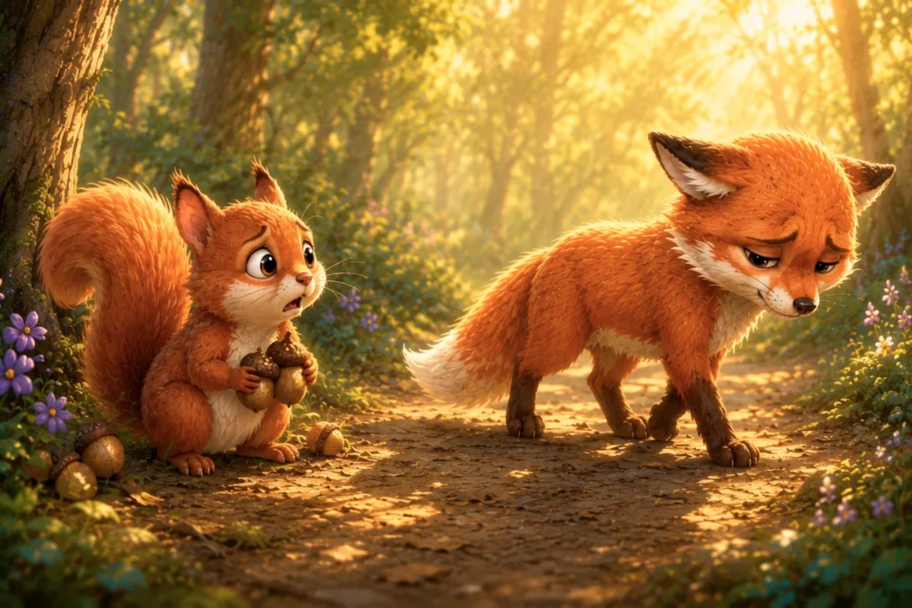 The Little Fox and the Gentle Untangling 3 Squirrel and fox in a forest.