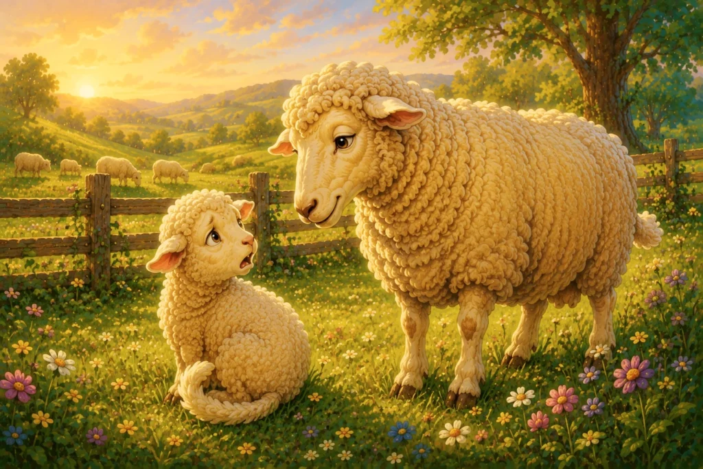 Gentle mother sheep explains to her little lamb why farm animals have their tails shortened, as they stand together in a peaceful meadow beneath warm spring sunshine.