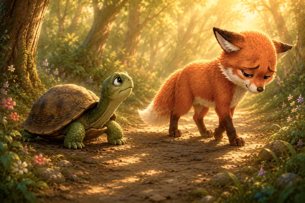 The Little Fox and the Gentle Untangling 4 Turtle and fox in forest path