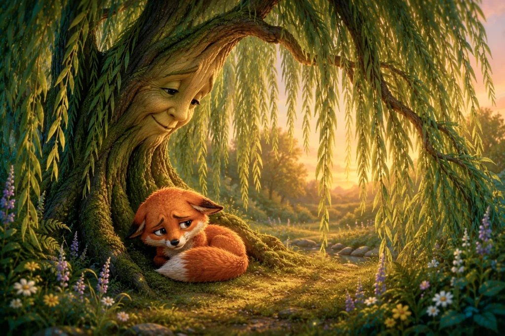 The Little Fox and the Gentle Untangling 6 Fox resting under a smiling tree.